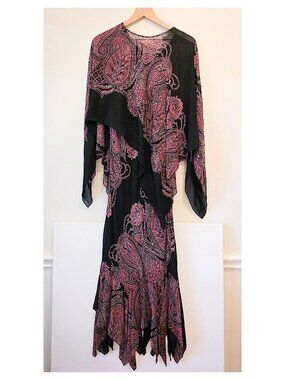 🖤 Y2K  beaded Boho Paisley Handkerchief Hem Midi Dress + Sheer Overlay Set